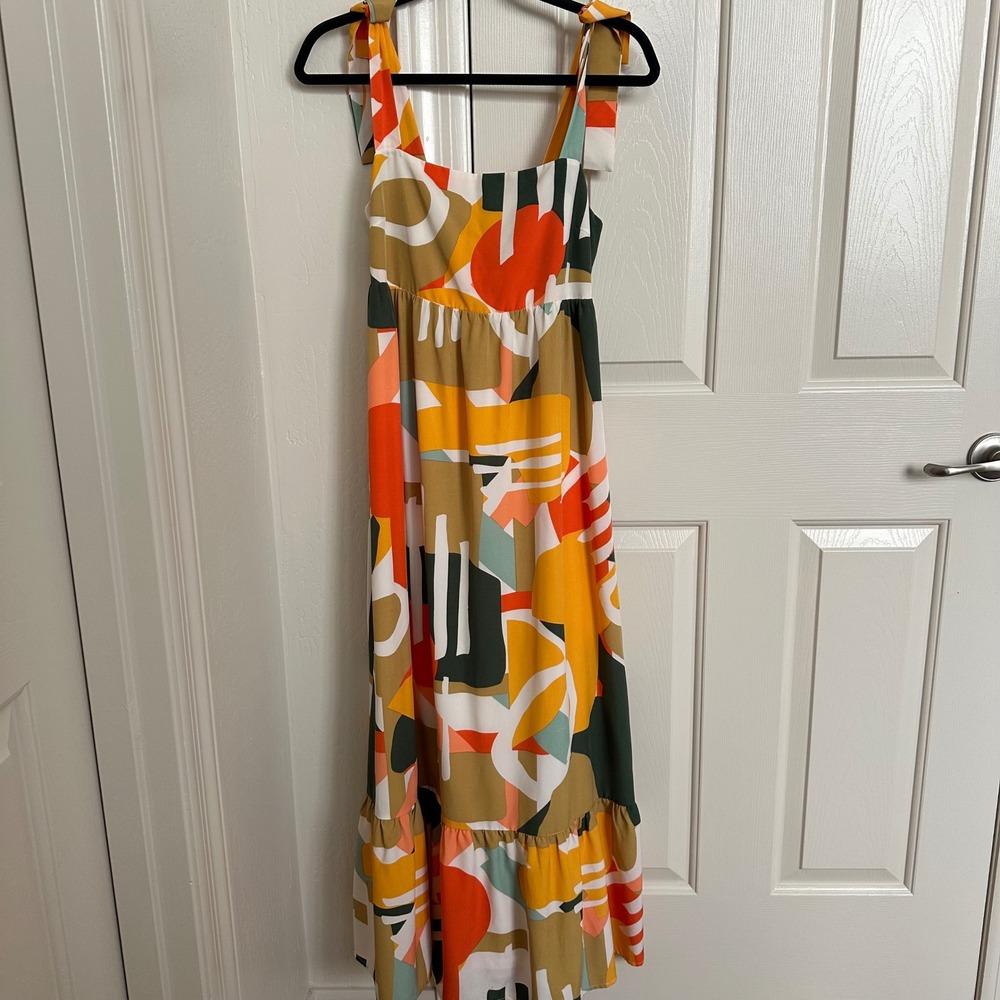 THML Abstract Print Tiered Midi Dress - Tie Shoulder Smocked Back - Size S NWT